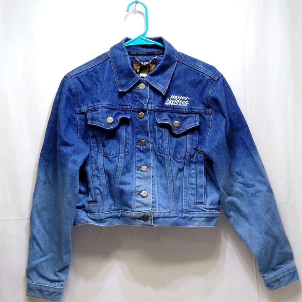 Harley Davidson Denim Jacket Women's Medium Cropped Fitted Blue Ombre' NWOT VTG
